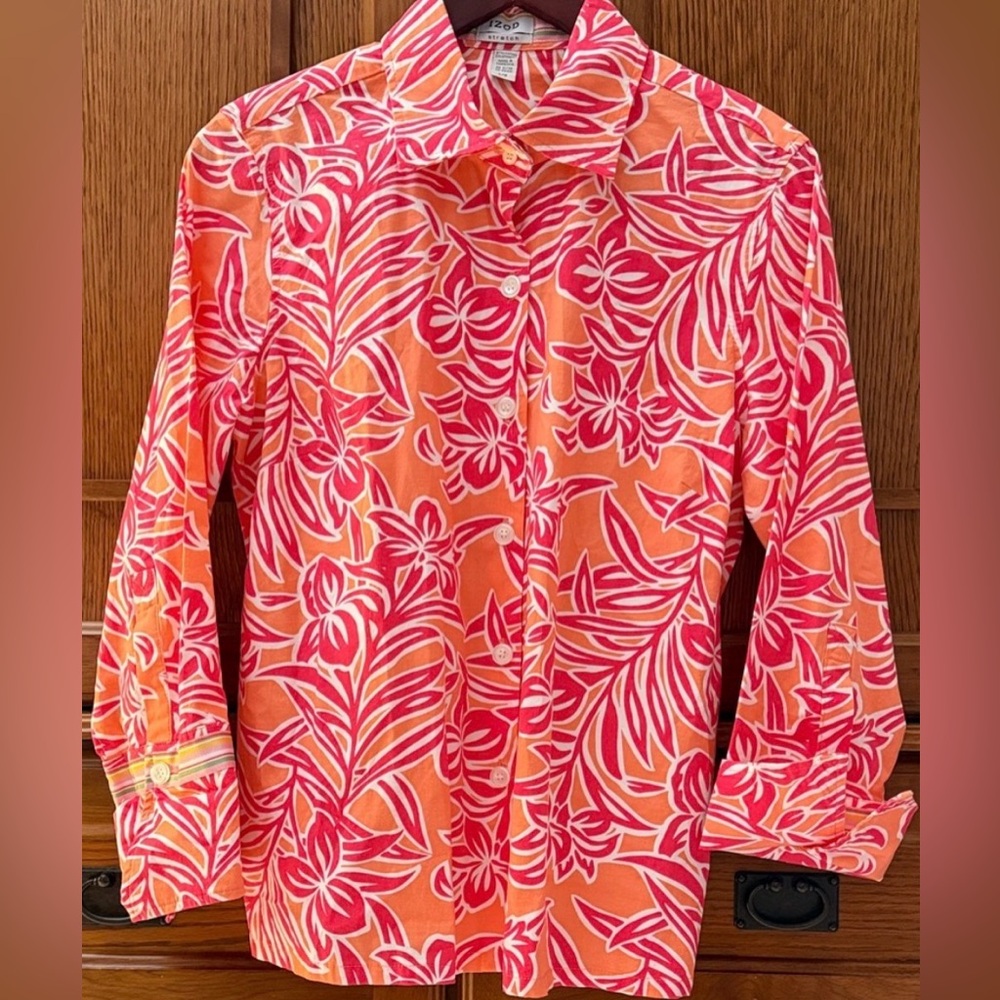 Izod Stretch Floral Button Down Shirt Resortwear Vacation Tropical Bright Summer